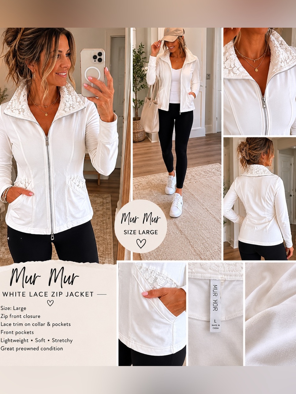 Mur Mur White Lace Trim Zip Front Jacket Size Large Cottagecore Boho (v